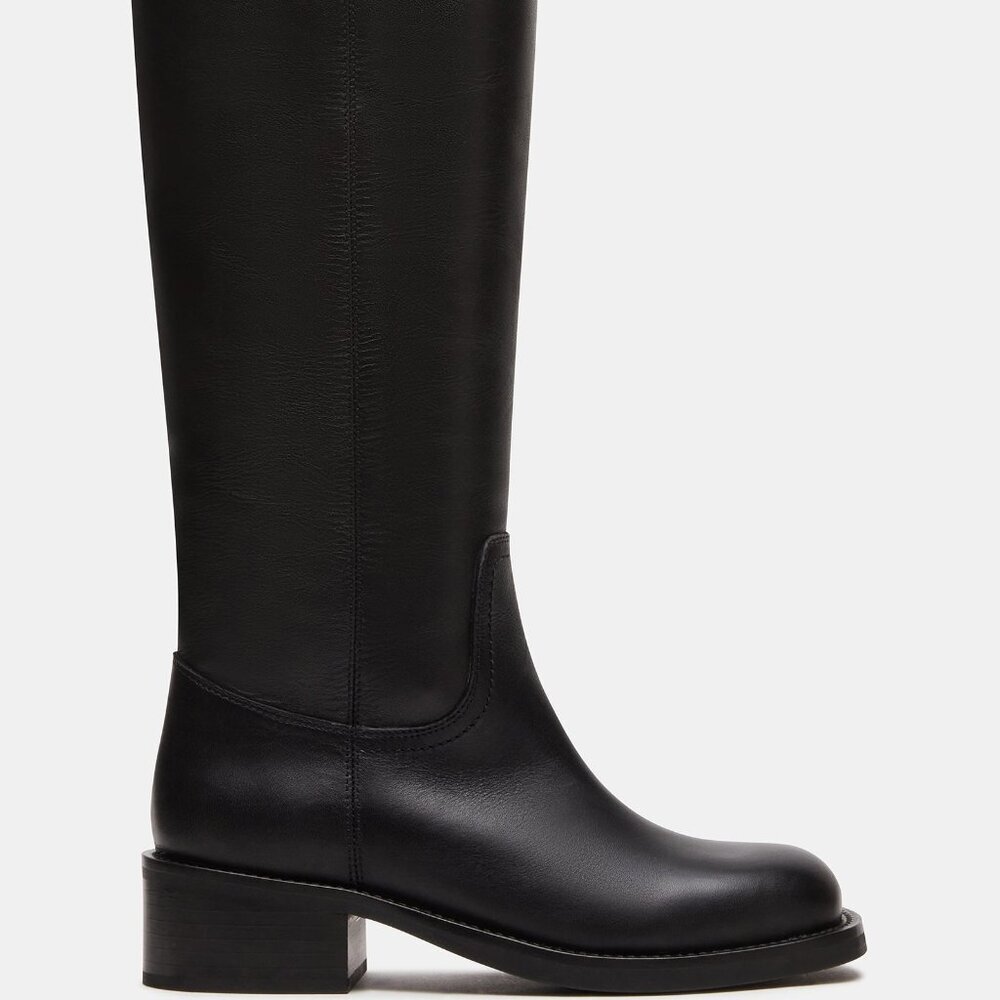 New Womens sz 10 Steve Madden RIGGS BLACK LEATHER BOOTS square shoe fashion - Picture 1 of 8